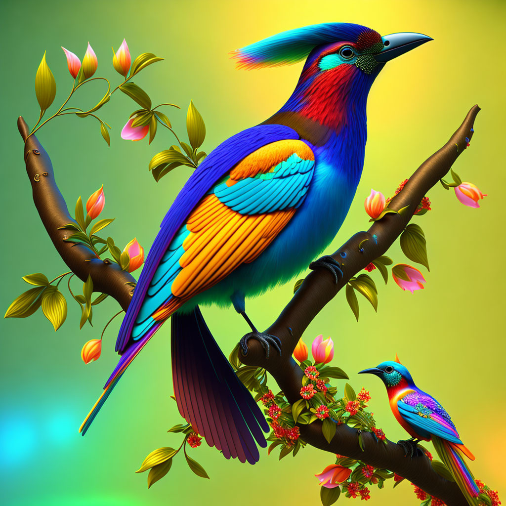 Colorful Birds Perched on Blossoming Branches in Vibrant Nature Scene