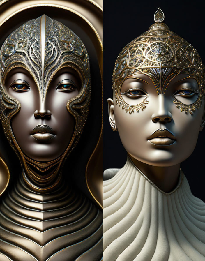 Symmetrical stylized portraits with ornate headdresses and facial decorations in gold and white tones