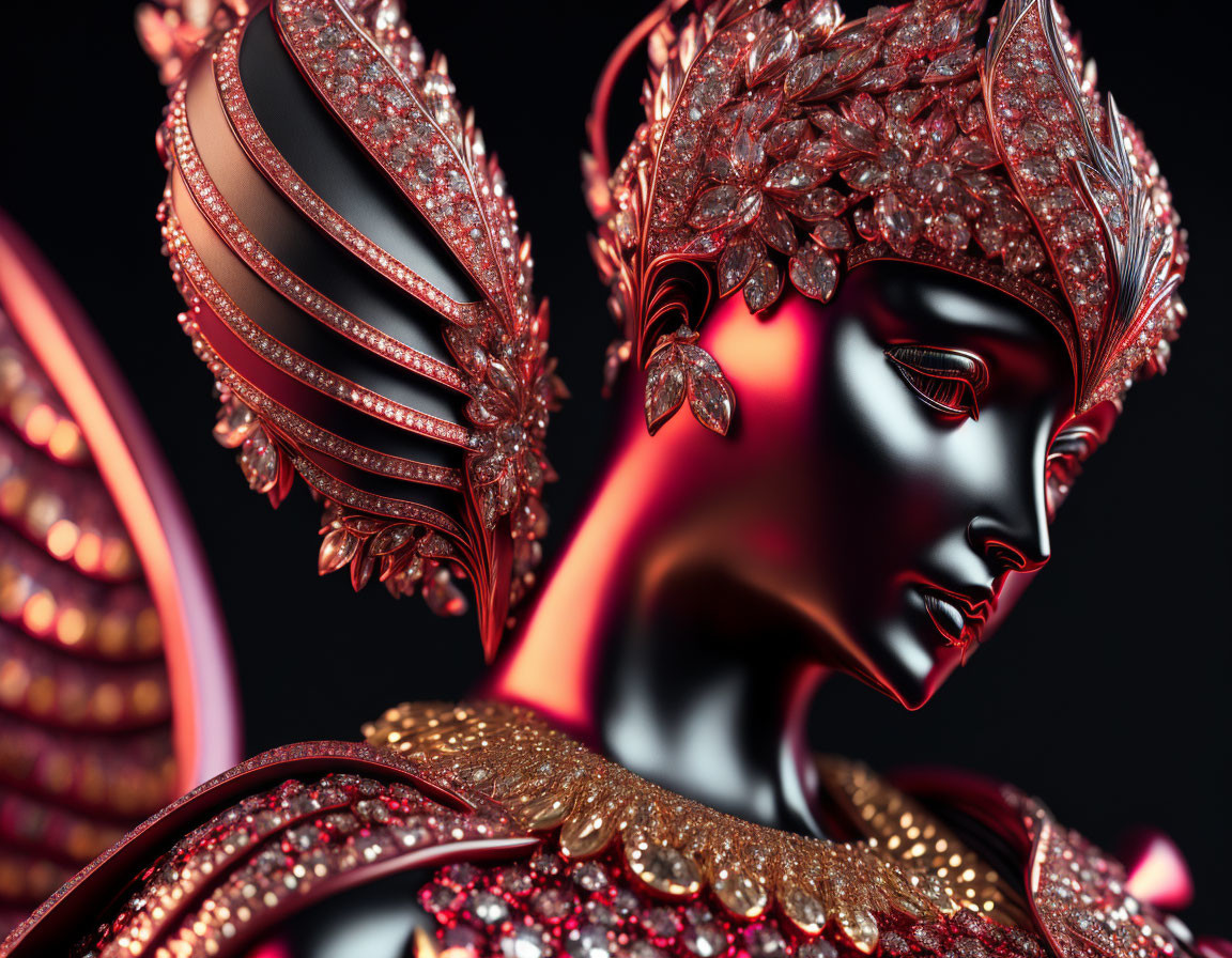 Intricate red metallic female sculpture with ornate headgear on dark background