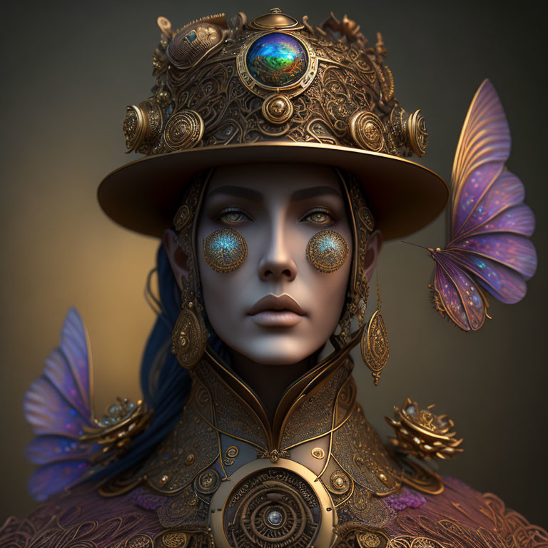 Steampunk-themed 3D-rendered female figure with gear hat and butterfly.