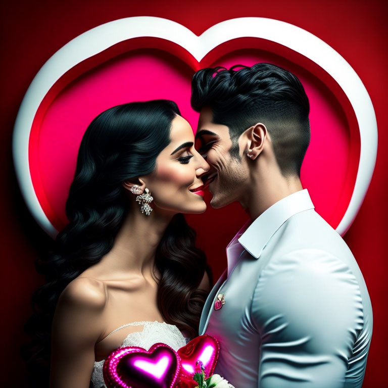 Couple in white attire framed by heart on red background