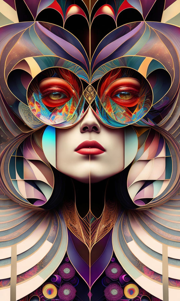 Symmetrical abstract digital art of colorful female figure