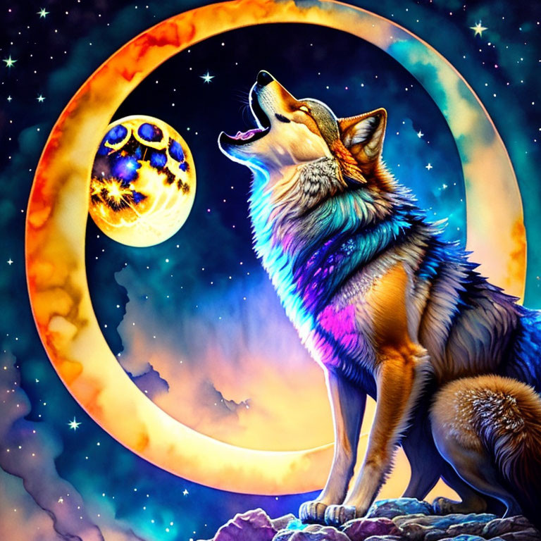 Colorful Wolf Howling at Crescent Moon in Starry Sky