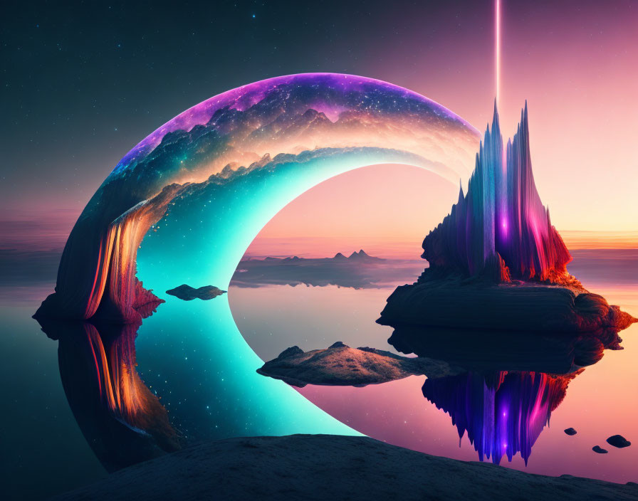 Vibrant surreal landscape with crescent-shaped portal and central spire under starry sky