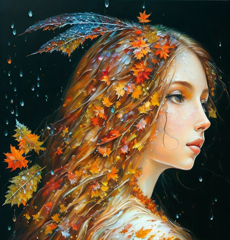 Woman with Autumn Leaves in Hair in Dark Rainy Setting