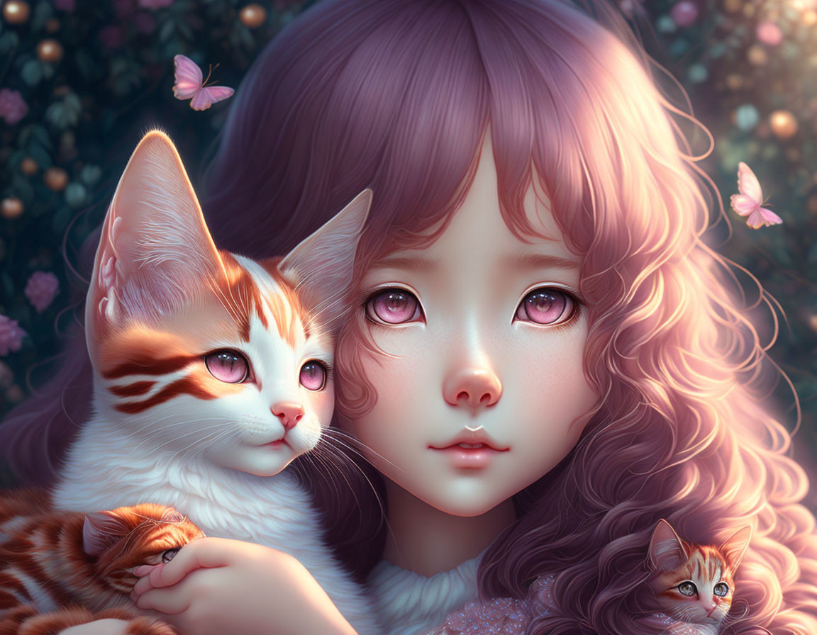 Digital Illustration: Girl with Purple Hair Holding Cat in Floral Scene