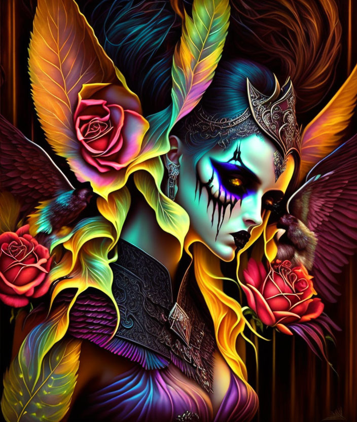 Vibrant gothic artwork of a woman with dark makeup, ornate headpiece, feathered