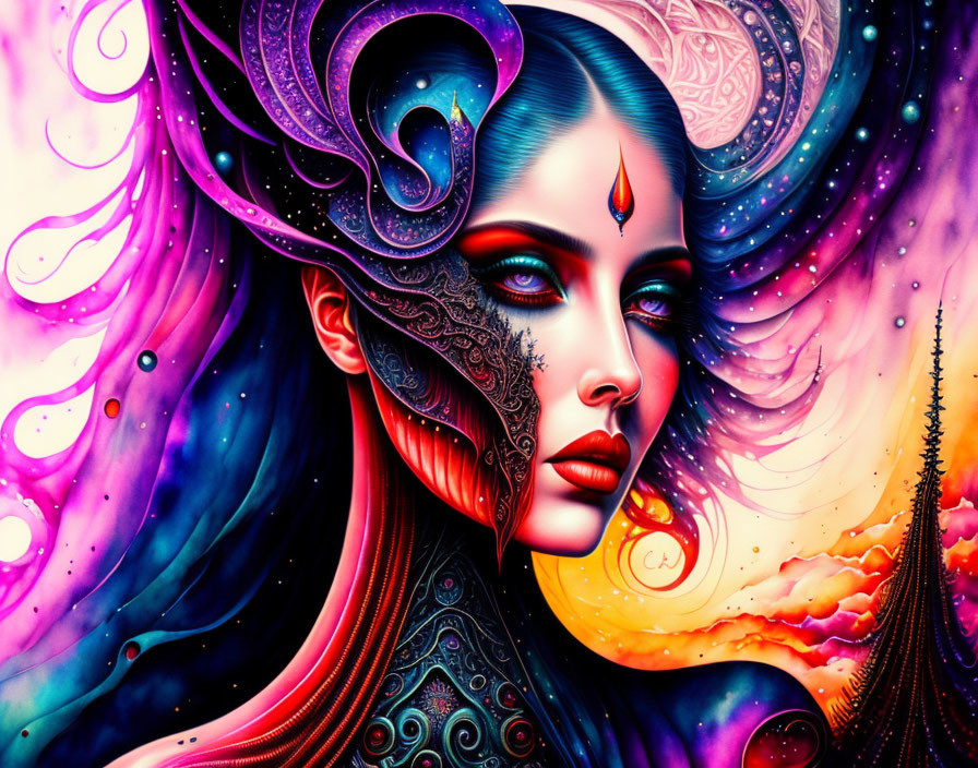 Colorful digital artwork: stylized woman with elaborate headdress and swirling hair