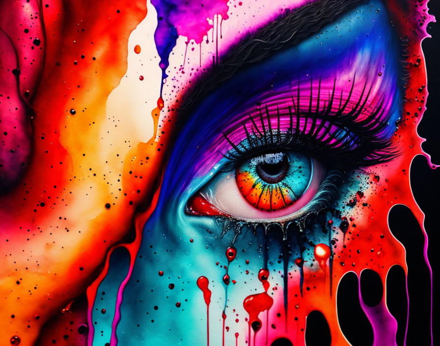 Colorful Artwork: Detailed Human Eye with Inkblots in Red, Blue, Purple