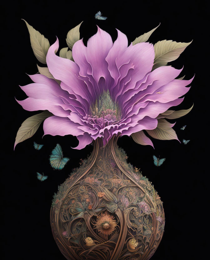 Ornate vase with purple flower and blue butterflies on black background