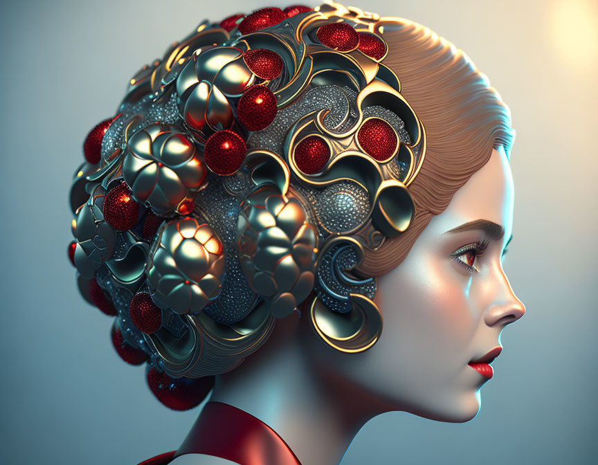 Futuristic woman illustration with metallic spherical hairstyle