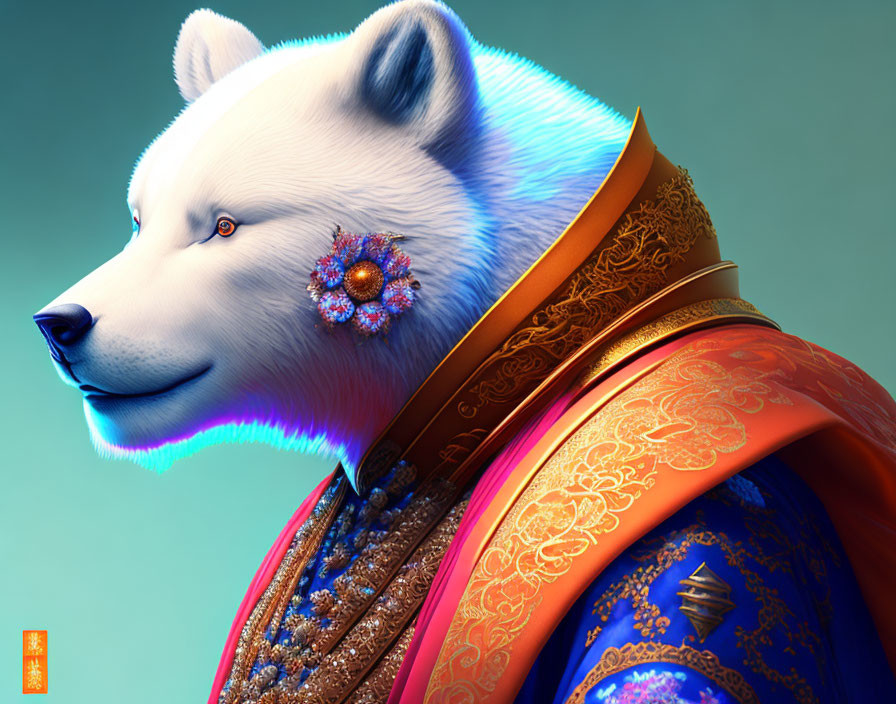 Regal polar bear digital artwork in blue and orange robe