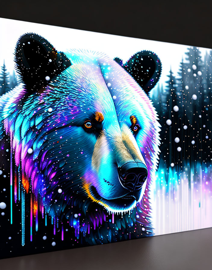 Colorful Bear Portrait Against Forest Backdrop with Falling Snowflakes