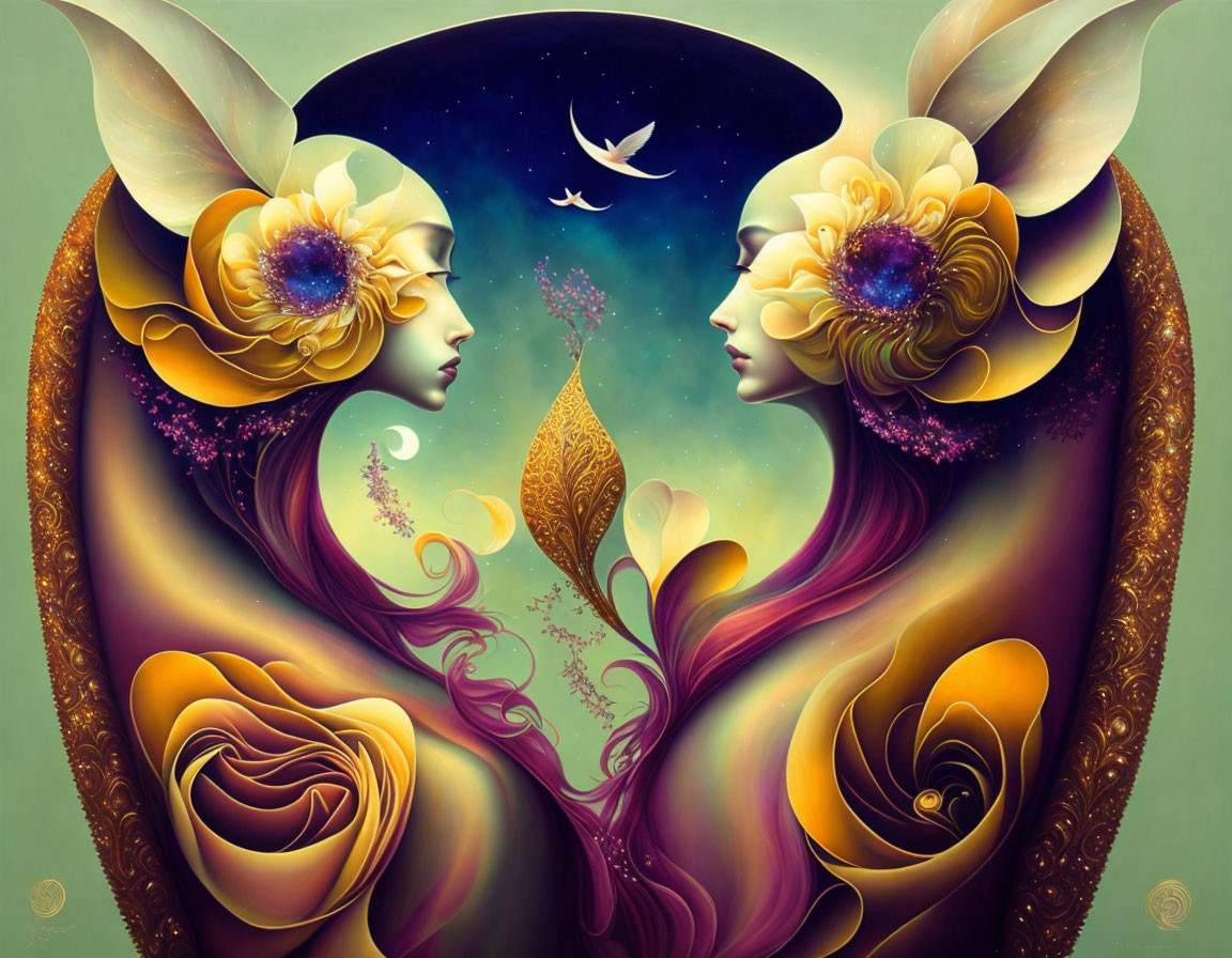 Symmetrical fantasy female figures with floral motifs and night sky art