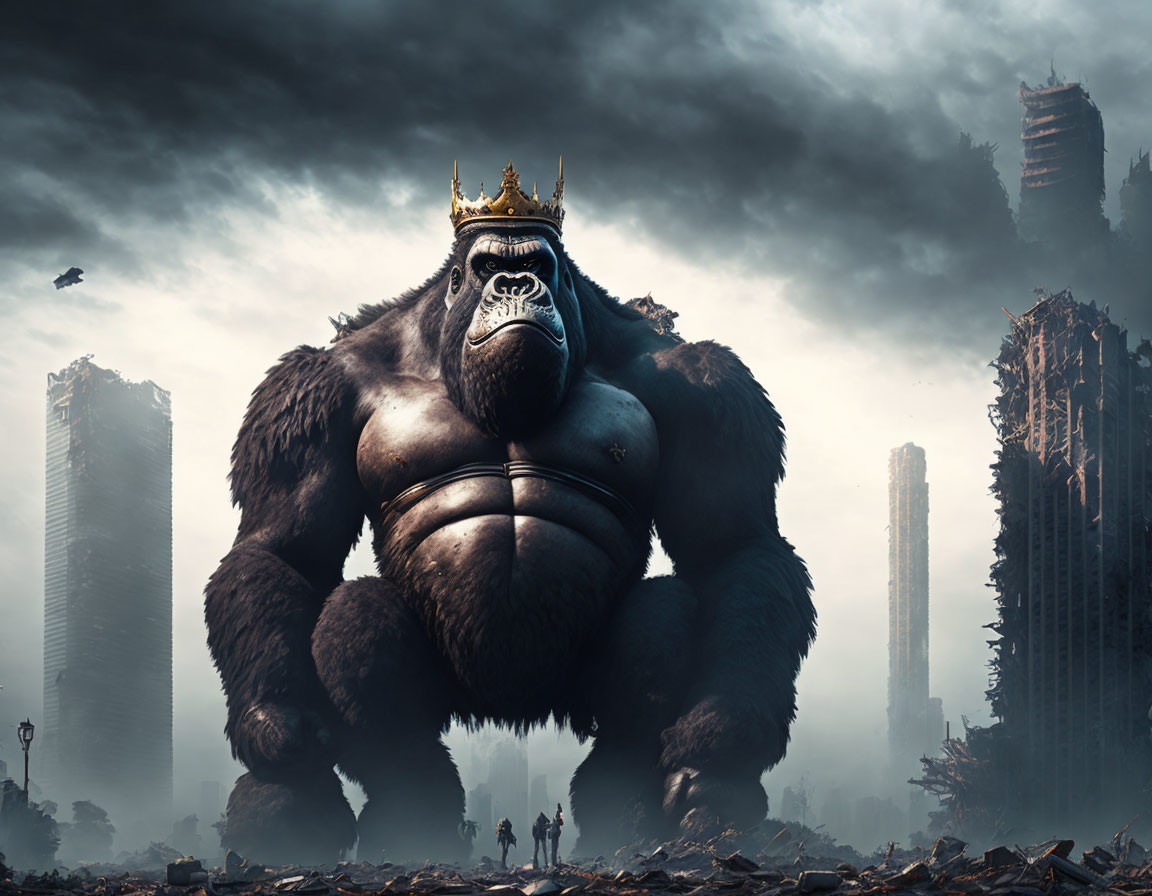 Massive gorilla wearing crown in ruined city with small humans, dark buildings, stormy sky