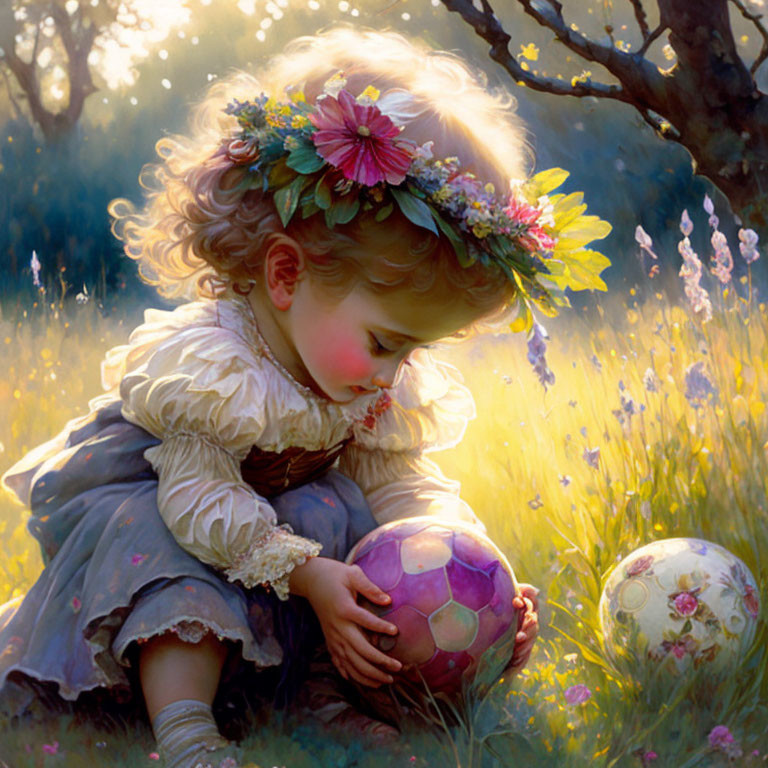 Child with floral crown holding pink ornate ball in sunlit field