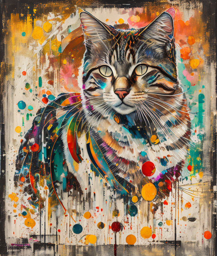 Colorful Cat Artwork Featuring Realism and Abstract Blend