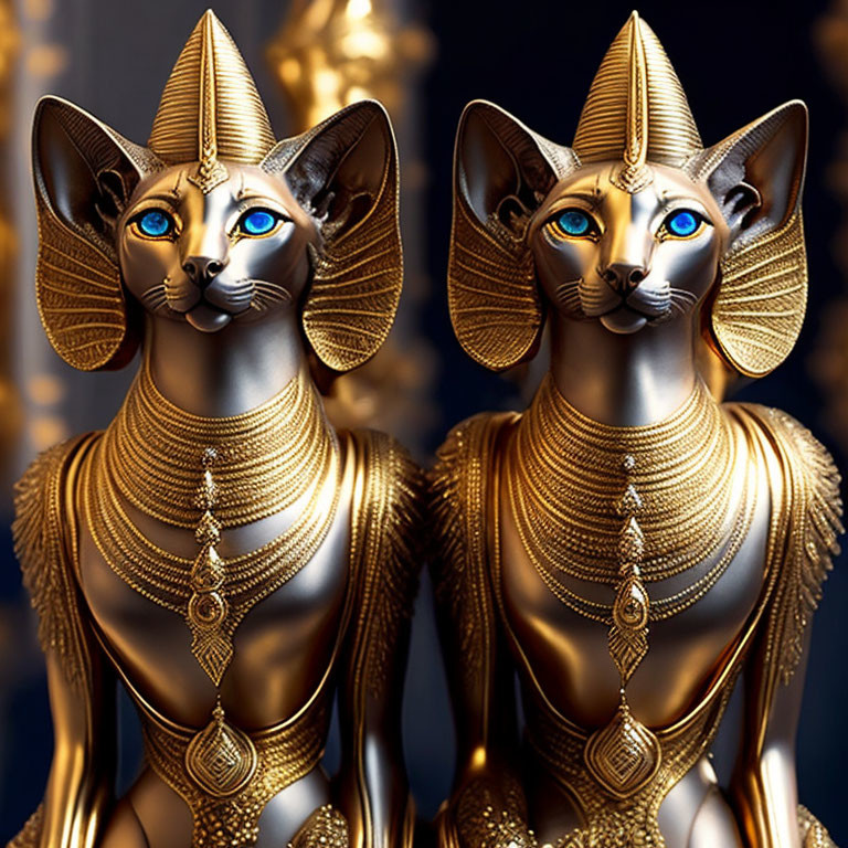 Golden Egyptian-Style Cat Statues with Ornate Headdresses