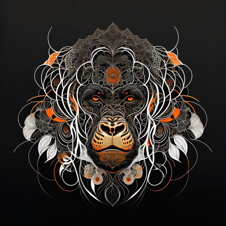 Detailed lion head illustration in black, white, and orange swirls on black.