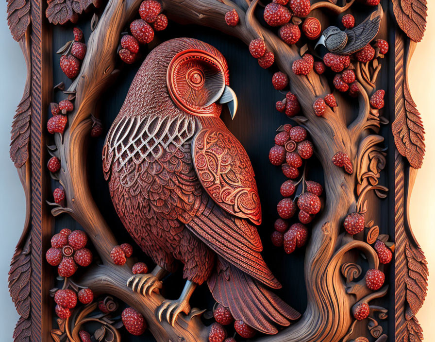 Detailed Wooden Owl Sculpture Surrounded by Berries and Leaves