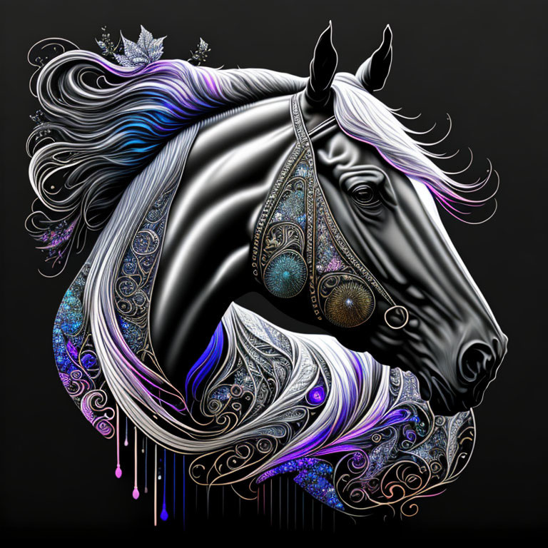 Stylized horse digital art with ornate patterns in blue and purple