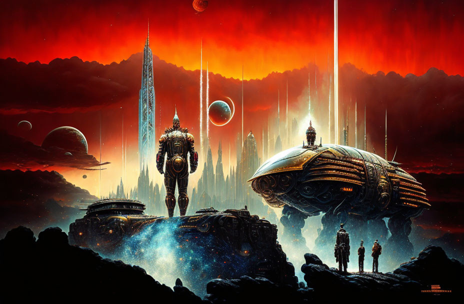 Futuristic sci-fi scene with towering robot, spaceships, and red skies