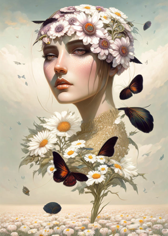 Woman with floral crown and butterflies in serene setting