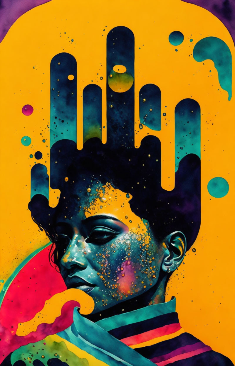 Colorful portrait merging woman's silhouette with cosmic patterns on yellow background