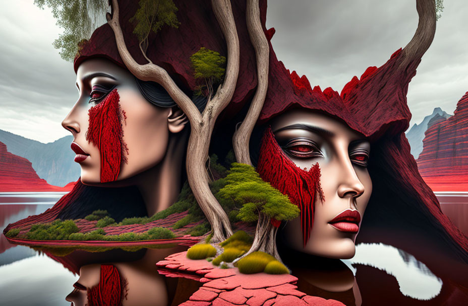 Surreal artwork: Mirrored faces with tree-like features, red tears, red landscape, reflective