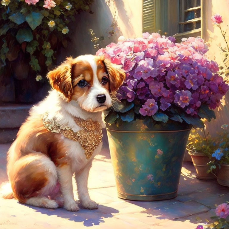 Fluffy Brown and White Dog with Purple Hydrangeas in Sunny Courtyard