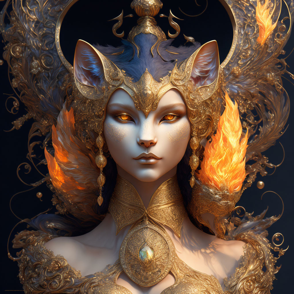 Regal fantasy creature with feline features and gold armor