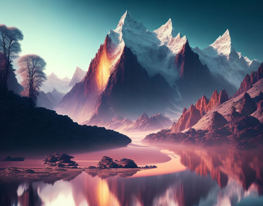 Tranquil river, snow-capped mountains, warm sunrise