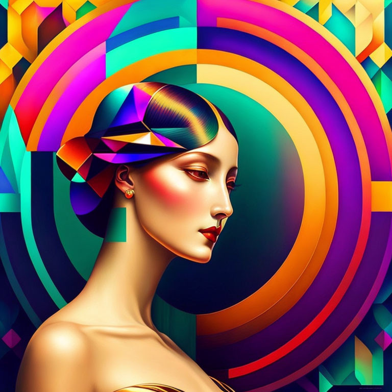 Colorful geometric digital art of woman's profile on concentric circles