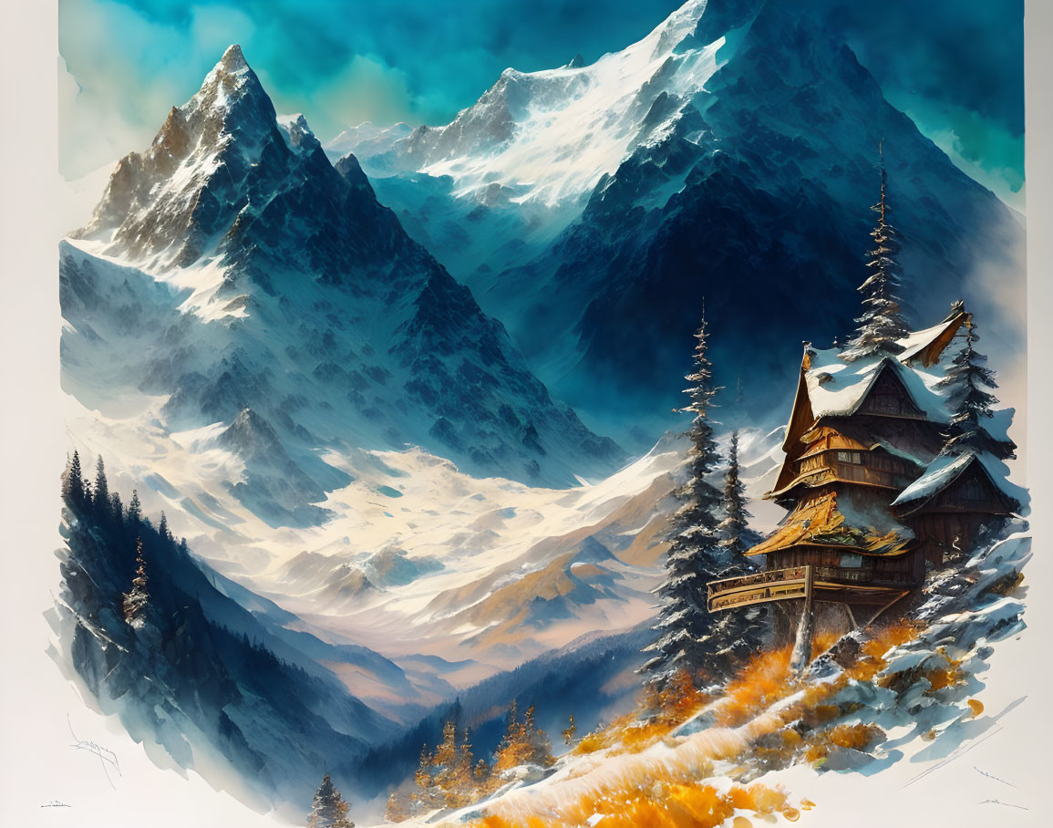 Digital art: Wooden house in snowy mountains with autumn trees