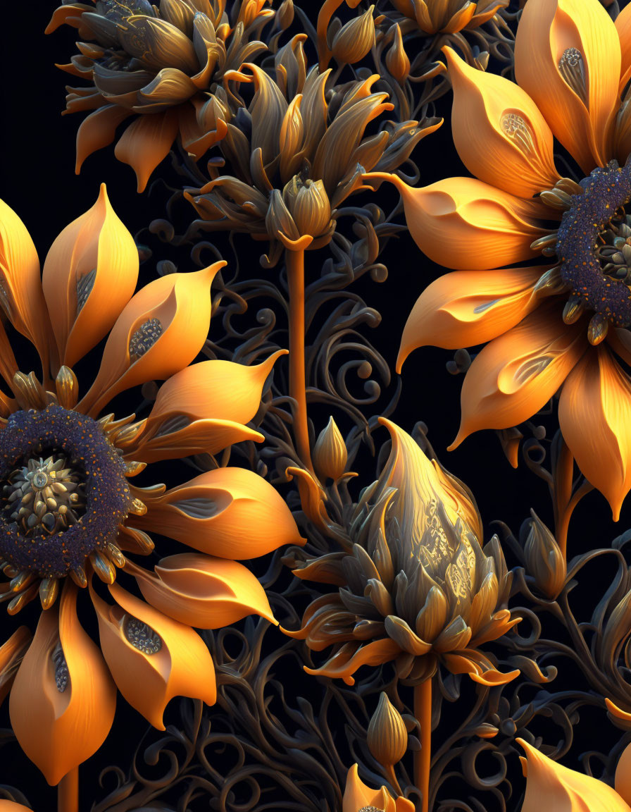 Intricate Golden Ornate Flowers on Dark Background