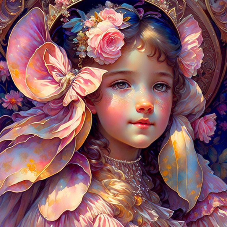 Vibrant illustration of young girl with multicolored bow and floral details