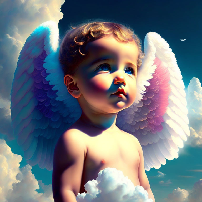 Young child with white wings gazing at sky