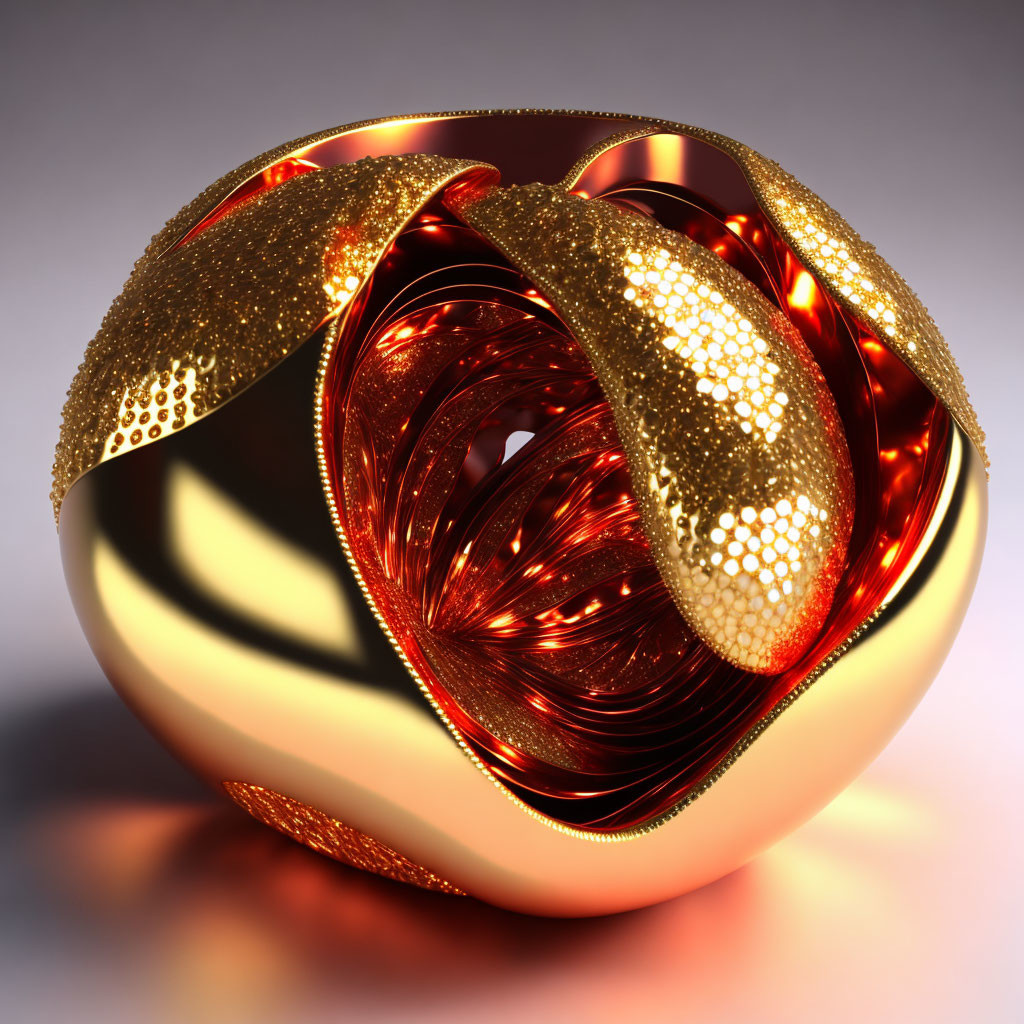 Intricate 3D digital art: Golden sphere with red core and textured surface