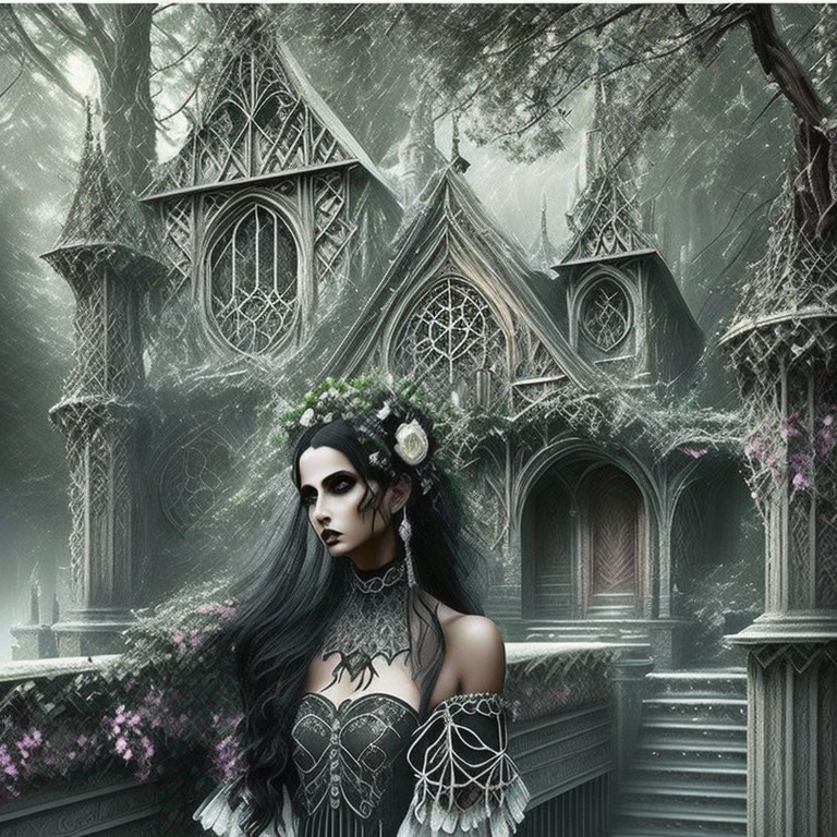 Gothic woman with floral crown in mystical forest setting