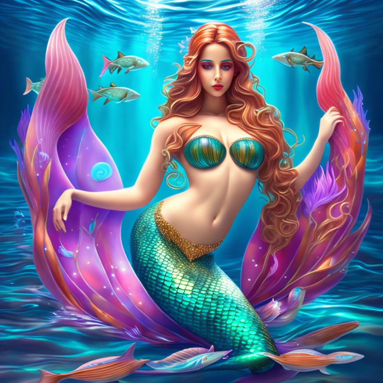 Colorful Mermaid Illustration with Red Hair and Turquoise Tail surrounded by Fish