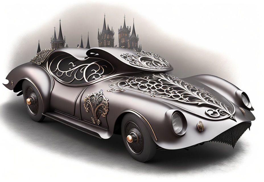 Gothic-style fantasy car with silver filigree on dark body and castle backdrop