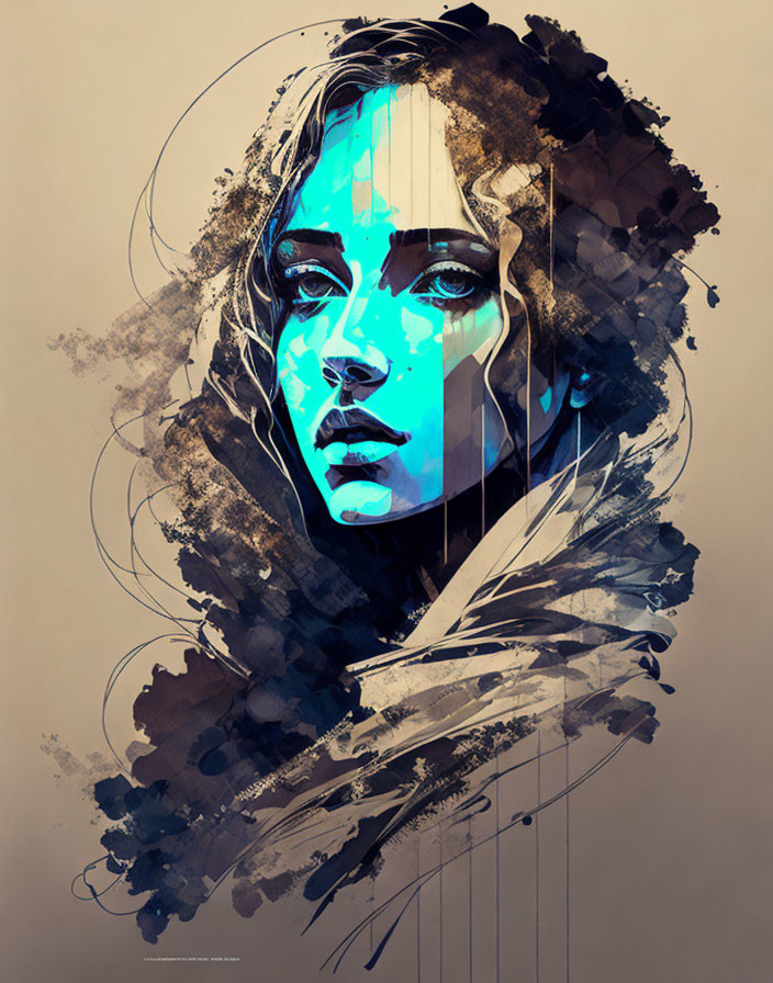 Vibrant blue accents on a woman's face in abstract illustration