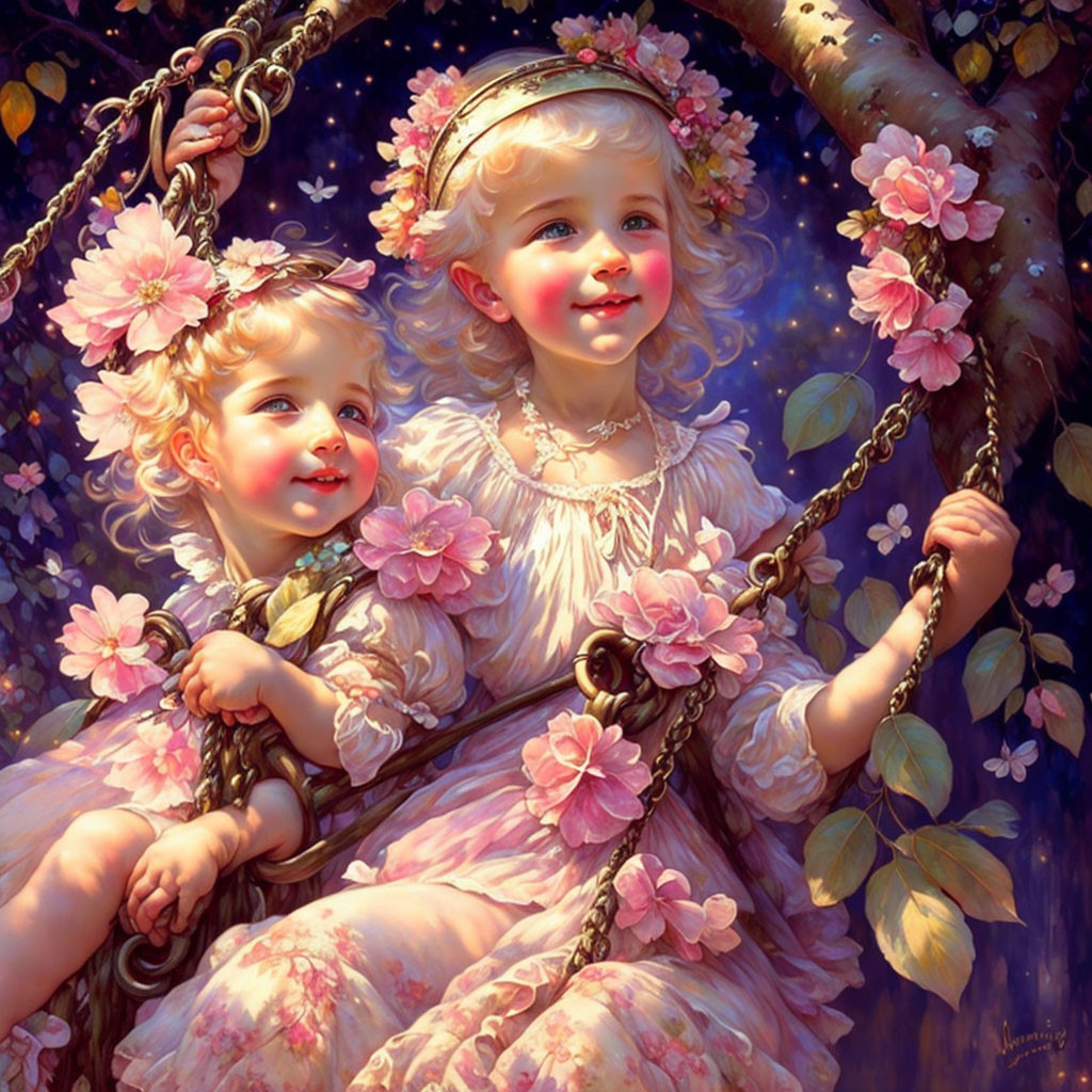 Young girls in pink floral dresses on flower-adorned swing at twilight