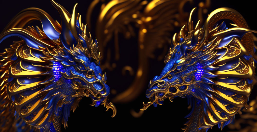 Metallic Dragons with Blue and Gold Accents on Dark Background