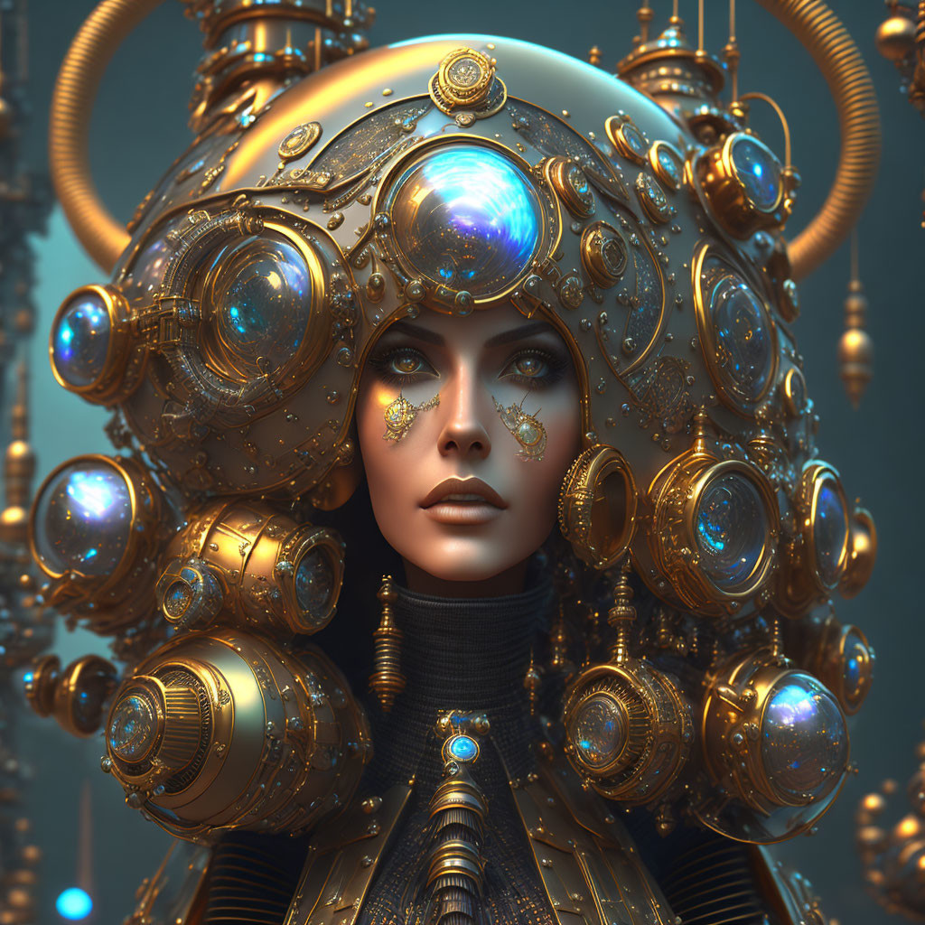 Futuristic female figure with golden helmet and mechanical details on blue background