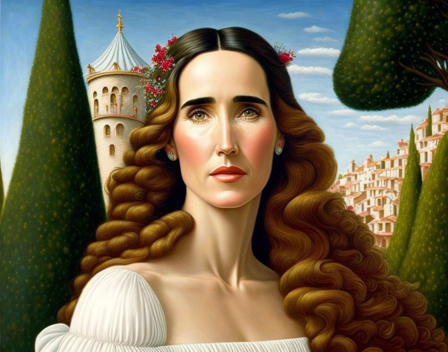 Vibrant painting of woman with long wavy hair and tower in background