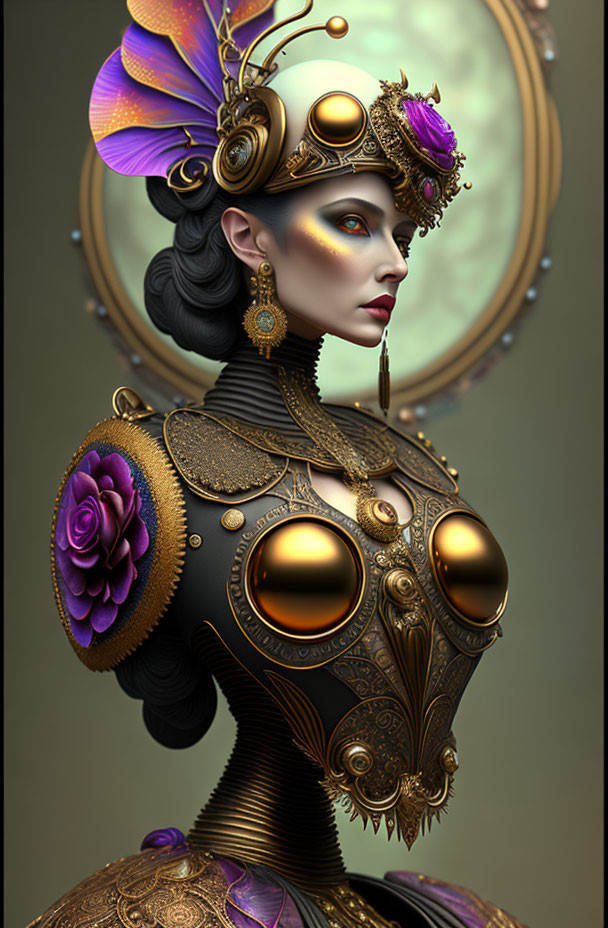 Digital artwork: Woman in Victorian-Steampunk fusion with intricate mechanical details.