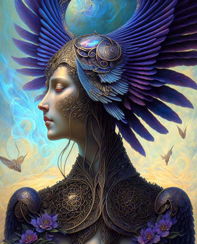 Fantasy female figure with gold and blue bird wing headgear and butterfly surroundings