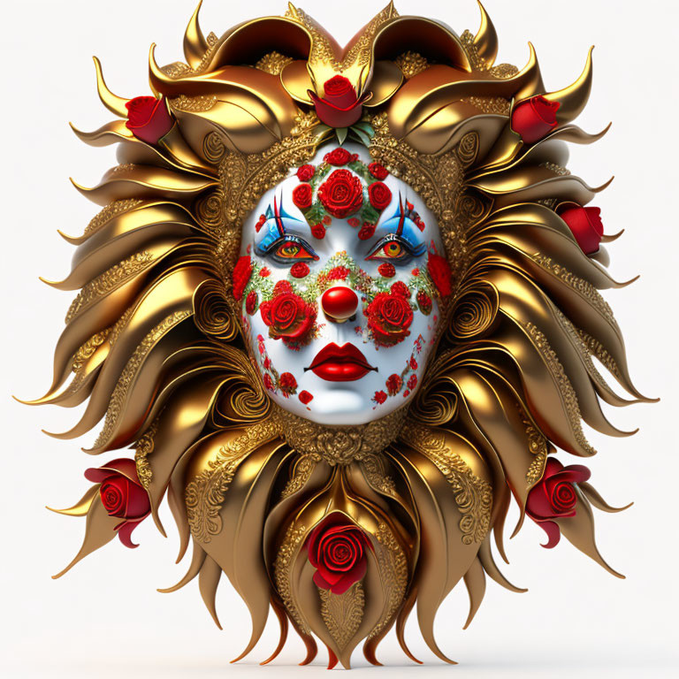 Stylized clown face with golden petals and red roses in vibrant colors