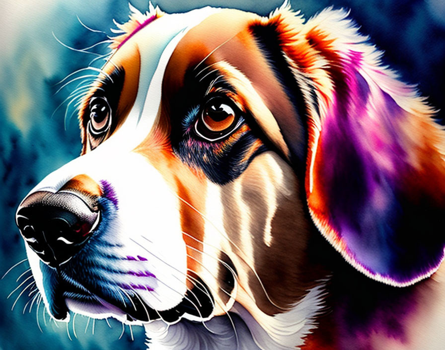 Vibrant digital painting of a focused dog with blue, purple, and orange hues